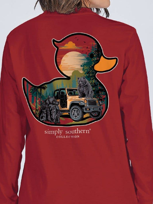 Rubber Duck Jeep Bear Scene  YOUTH-LS-DUCKBEARS-CARMINE Red Long Sleeve Tee by Simply Southern