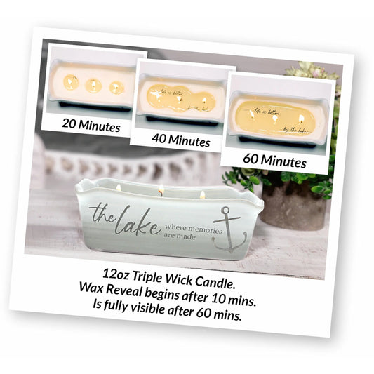 THE LAKE Where Memories are made 12 OZ - 100% SOY WAX REVEAL TRIPLE WICK CANDLE SCENT: TRANQUILITY