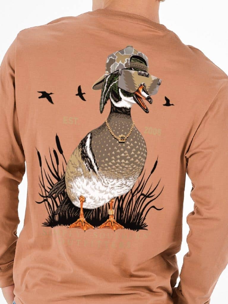 Youth Boys Mallard Duck with Hat & Shades Simply Southern Long Sleeve Youth Tee YTH-MN-LS-COOLDUCK-CHSTNT