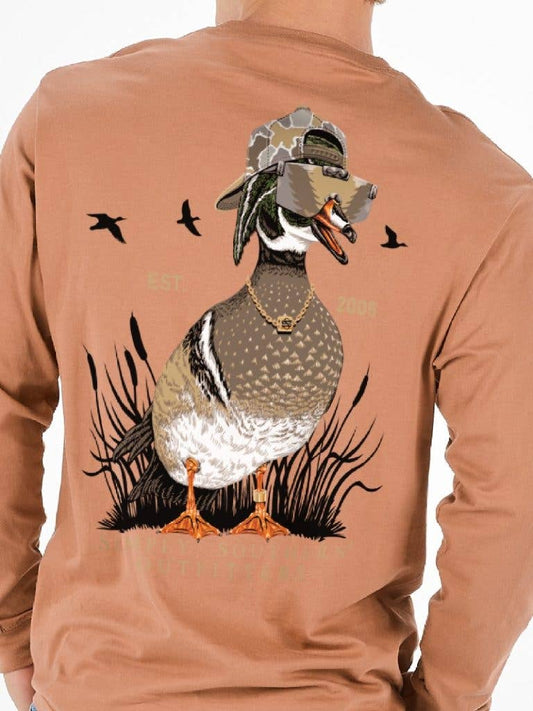 Youth Boys Mallard Duck with Hat & Shades Simply Southern Long Sleeve Youth Tee YTH-MN-LS-COOLDUCK-CHSTNT