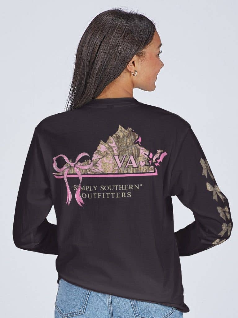Pink Ribbon Camo Virginia Black Long Sleeve Tee by Simply Southern LS-STATE-VA-BLK
