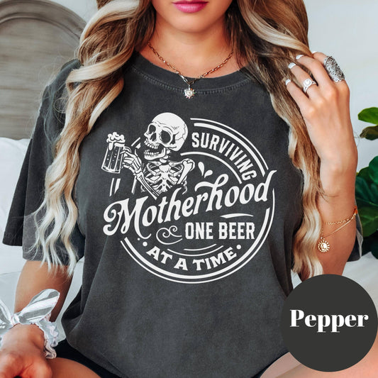 Surviving Motherhood One Beer At A Time Shirt, Comfort Colors® Funny Mom Life Tee, Skeleton Mom Shirt, Beer Lover Mama Gift