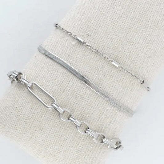 Multi Paper Clip, Snake and Dainty Chain Bracelet Set  Extender" 11/2. L" 6 3/4 Narelle Waterproof Jewelry