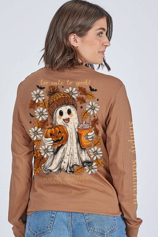 Too Cute to Spook Freindly Ghost LS-GHOST-CHSTNT Brown Long Sleeve Tee by Simply Southern