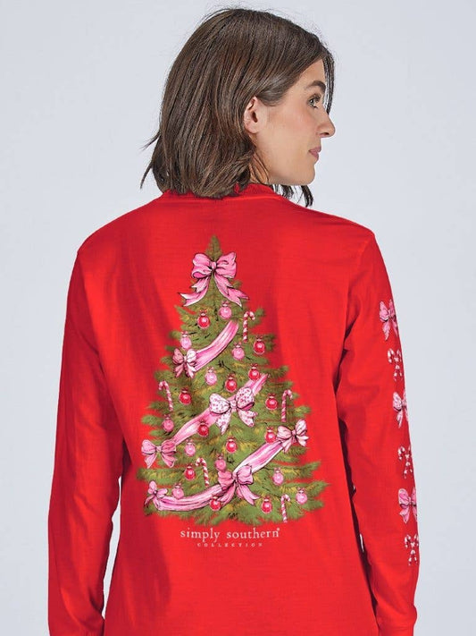 Pink & Red Decorated Christmas Tree Candy Canes & Bows LS-TREE-RED Long Sleeve Tee by Simply Southern