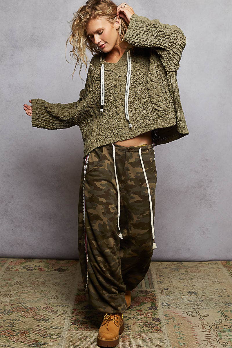 Oversize fit v-neck hooded cable knit chenille sweater by Pol Clothing