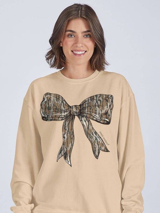 Large Bow Camo Pattern CREW-BARK-SAND Cream Long Sleeve Crew by Simply Southern