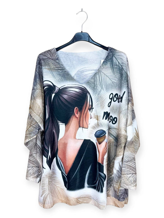 Brown/Black Haired Girl Good Mood Coffee V-Neck Sweater with Patterns