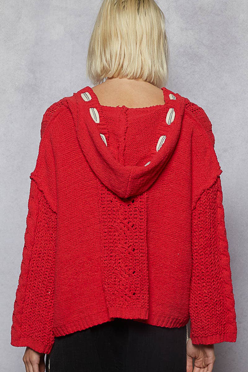 Oversize fit v-neck hooded cable knit chenille sweater by Pol Clothing