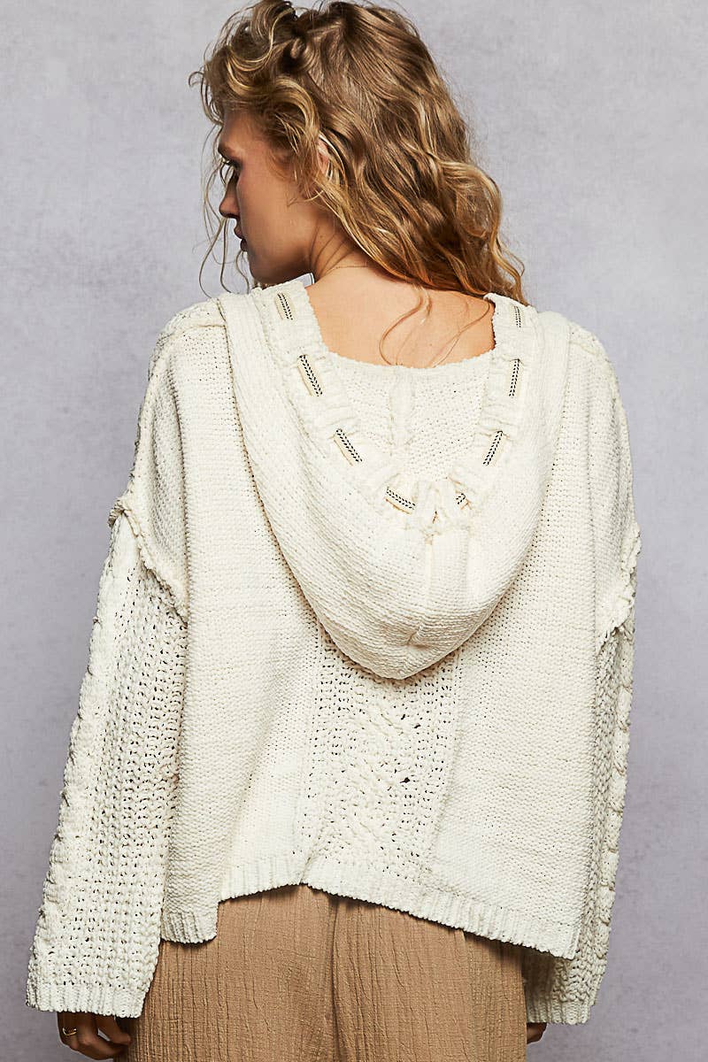 Oversize fit v-neck hooded cable knit chenille sweater by Pol Clothing