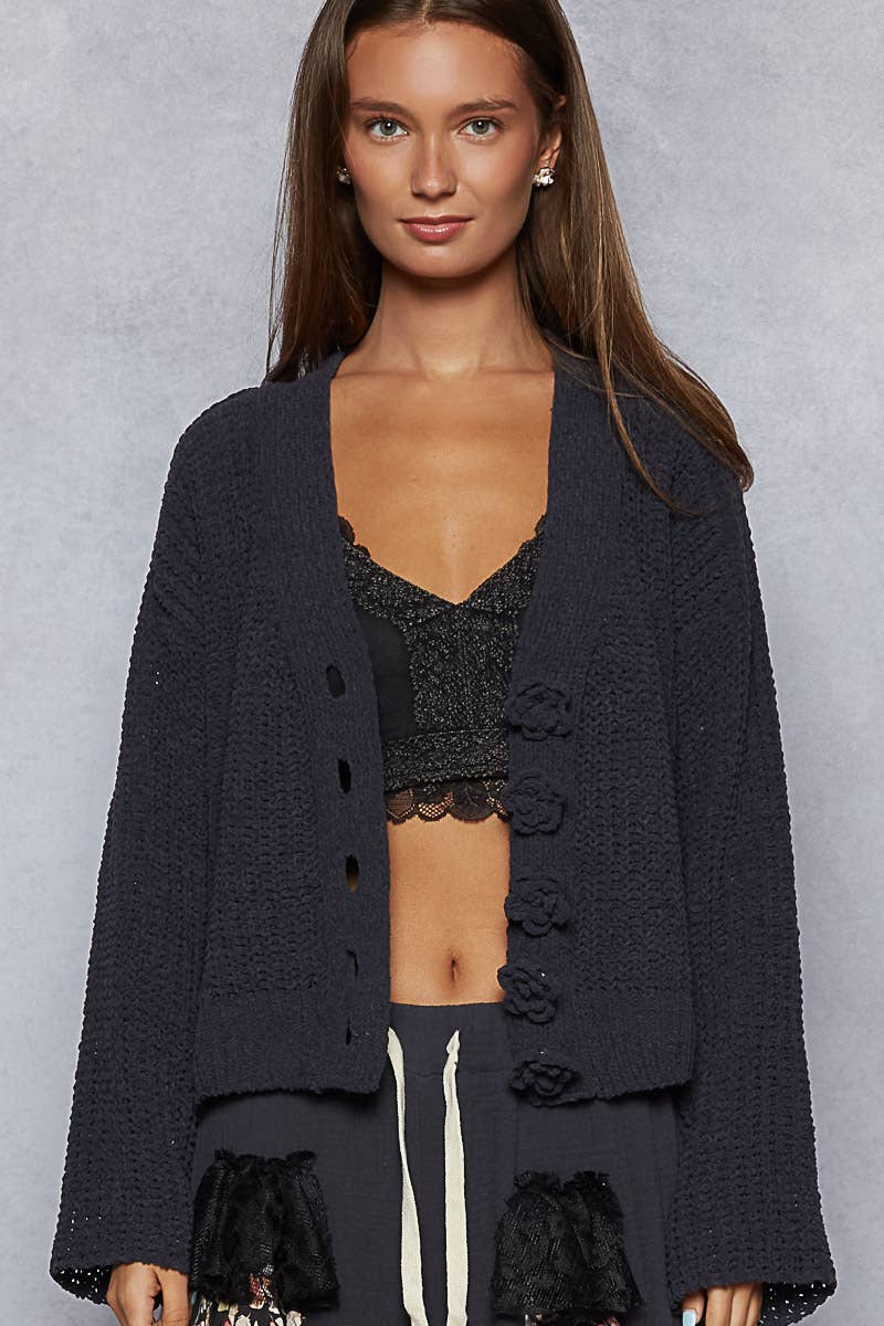 Long sleeve exaggerated button sweater cardigan top by Pol Clothing