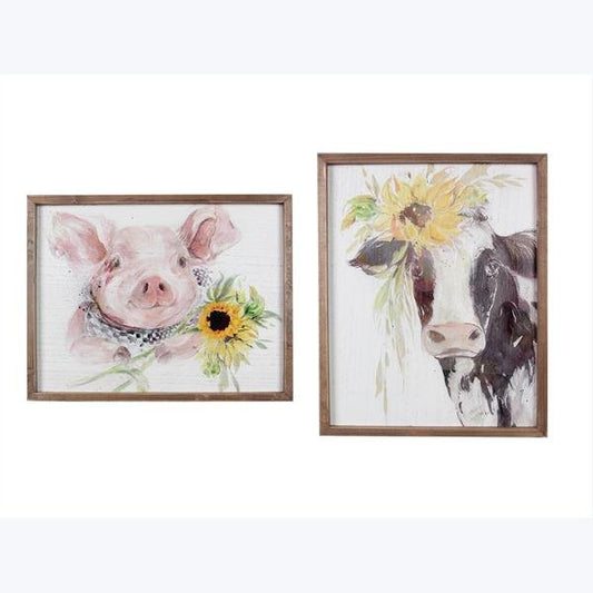 WOOD FRAMED COUNTRY COW/PIG WALL SIGN 2 AST.