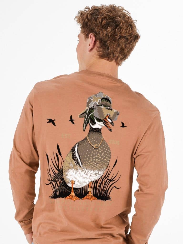 Mallard Duck wearing a hat & Shades Men's Chestnut Brown Long Sleeve Tee by Simply Southern