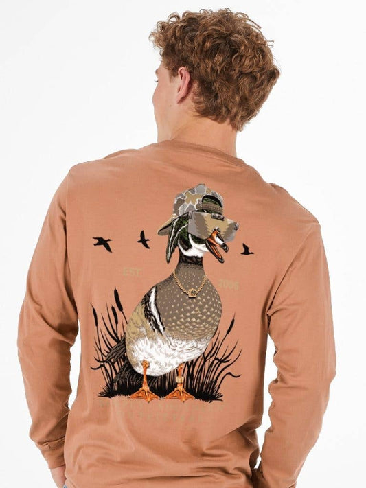 Mallard Duck wearing a hat & Shades Men's Chestnut Brown Long Sleeve Tee by Simply Southern