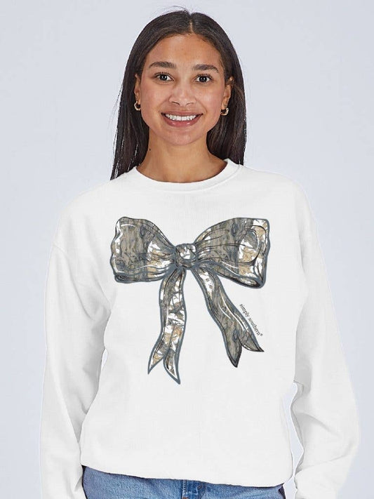 Large bow with Camo Pattern CREW-WHITECAMO-WHITE Long Sleeve Crew by Simply Southern