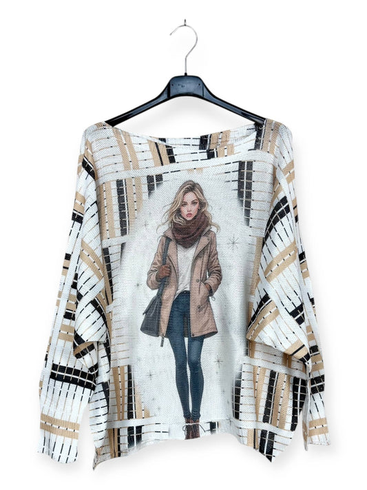 Blonde with winter Jacket, Scarf and Handbag Patterned knit sweater, long sleeves