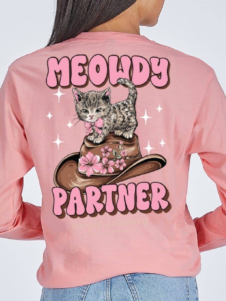 Meowdy Partner Tearose Pink Long Sleeve Youth Tee by Simply Southern YTH-LS-MEOW-TEAROSE