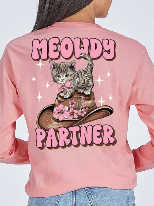 Meowdy Partner Tearose Pink Long Sleeve Youth Tee by Simply Southern YTH-LS-MEOW-TEAROSE