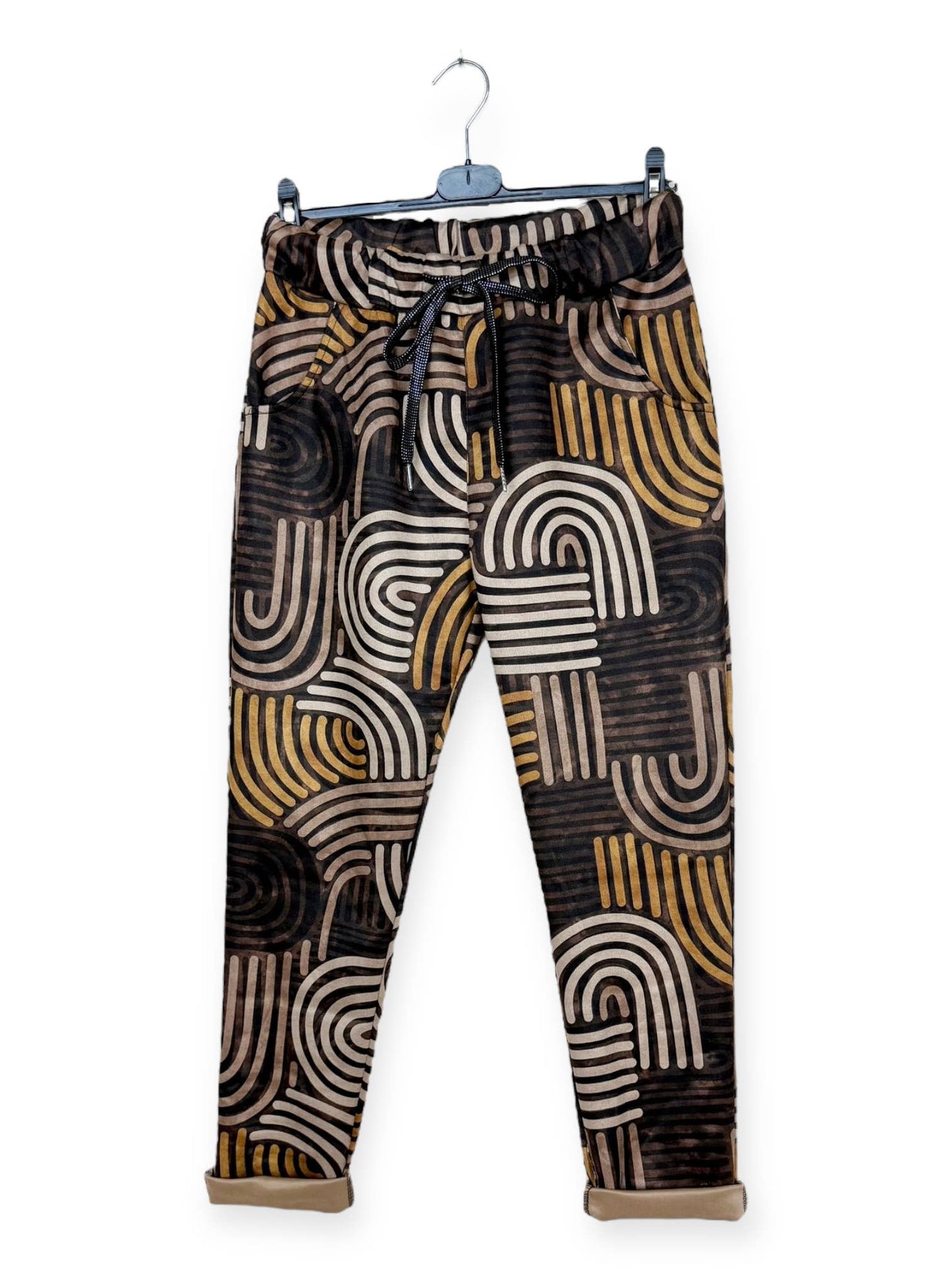 Tan Brown & Green Striped Floral Patterned Jogger Pants: Motif 20 One Size Fits Most