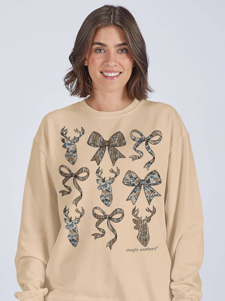 Bows, Ribbons, and Deer Camo Pattern CREW-DEERCAMO-SAND Cream Long Sleeve Crew by Simply Southern