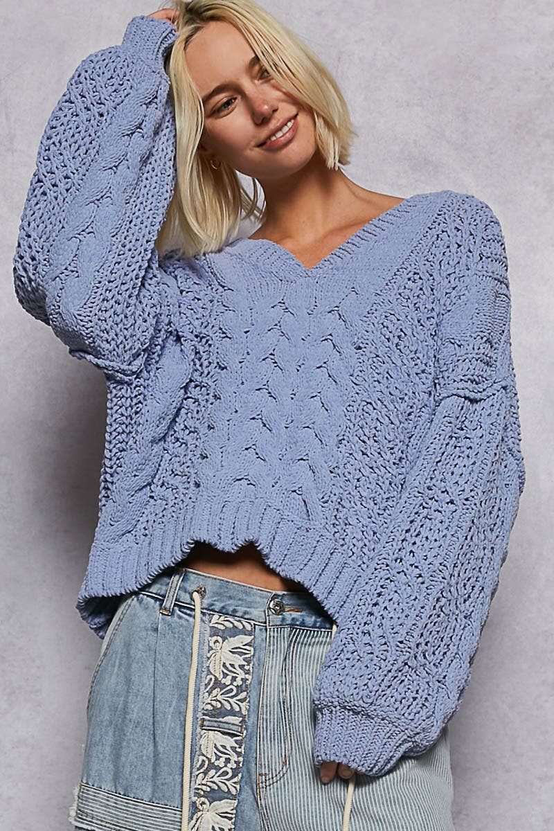 V-Neck Chenille Sweater Semi Cropped Top by  Pol Clothing