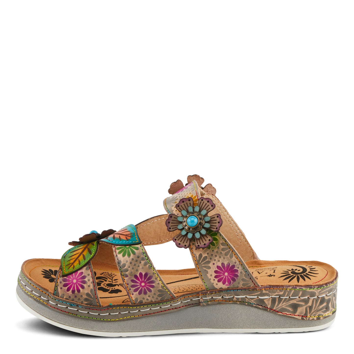 Floral Embellished Pillow-soft Grey Multi Leather Sandal by L`ARTISTE