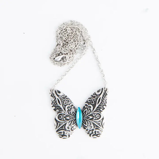Zenni Engraved Antique Silver Butterfly 18" Pendant Necklace by Howard's
