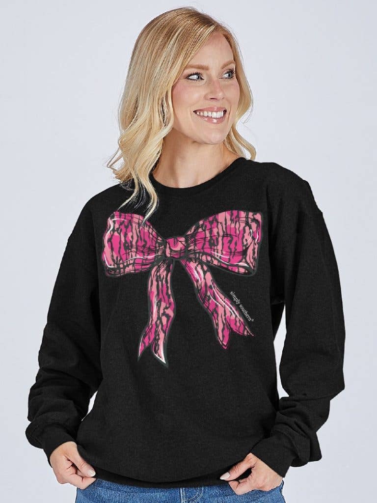 Large Bow Pink Camo CREW-PINKBARK-BLACK Long Sleeve Crew by Simply Southern