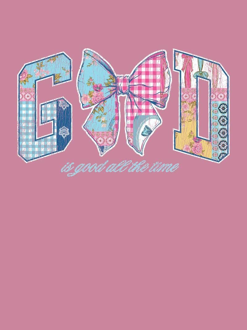 God Is Good quilted pattern CREW-GOD-BBLGUM pink Long Sleeve Crew  by Simply Southern