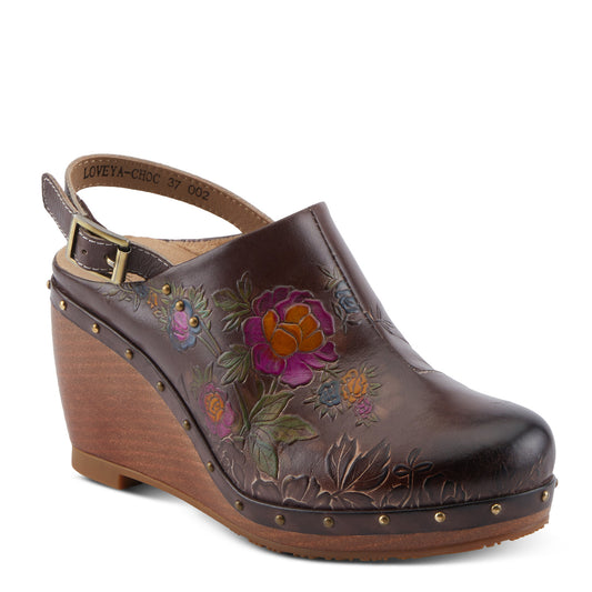LOVEYA Slingback Wedge with hand painted flowers in a Chocolate Brown by L`ARTISTE