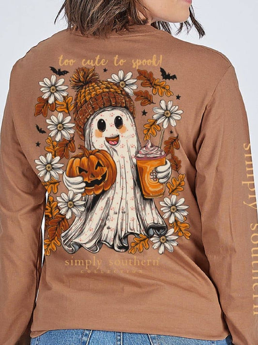 Too Cute to Spook Ghost YOUTH-LS-GHOST-CHSTNT Brown Long Sleeve Tee by Simply Southern