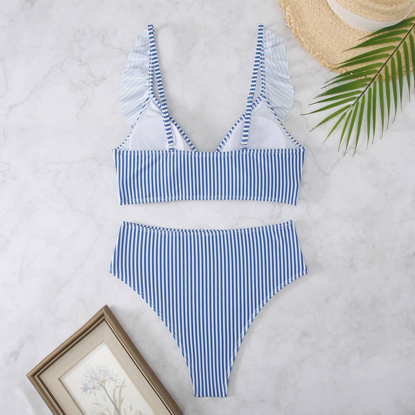 Striped High Waist V-neck Ruffled Bikini