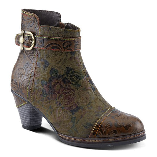 ANTILLES - Olive - Floral Details And Vintage-inspired Belt Buckle Boot by L`ARTISTE