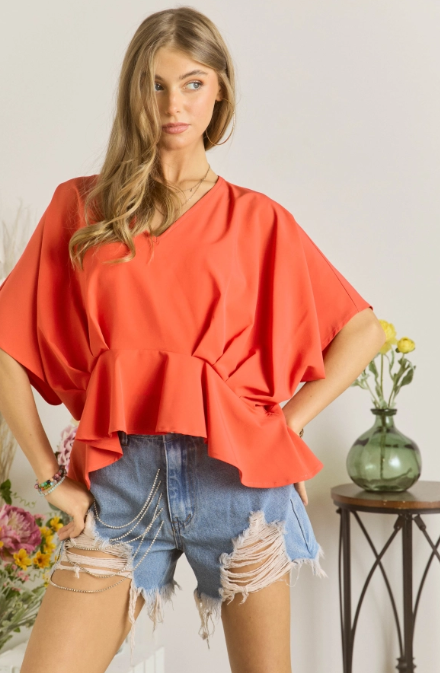 DOLMAN SLV PLEATED WITH RUFFLE HEM TOP- TOMATO RED