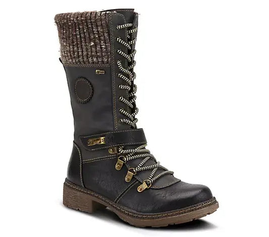 Ababi Black Water Resistant Vegan Leather and Knitted Tall Shaft Hiker Boot by Spring Step