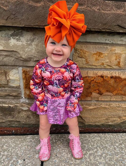 Purple pumpkin Long sleeve mesh skirted romper