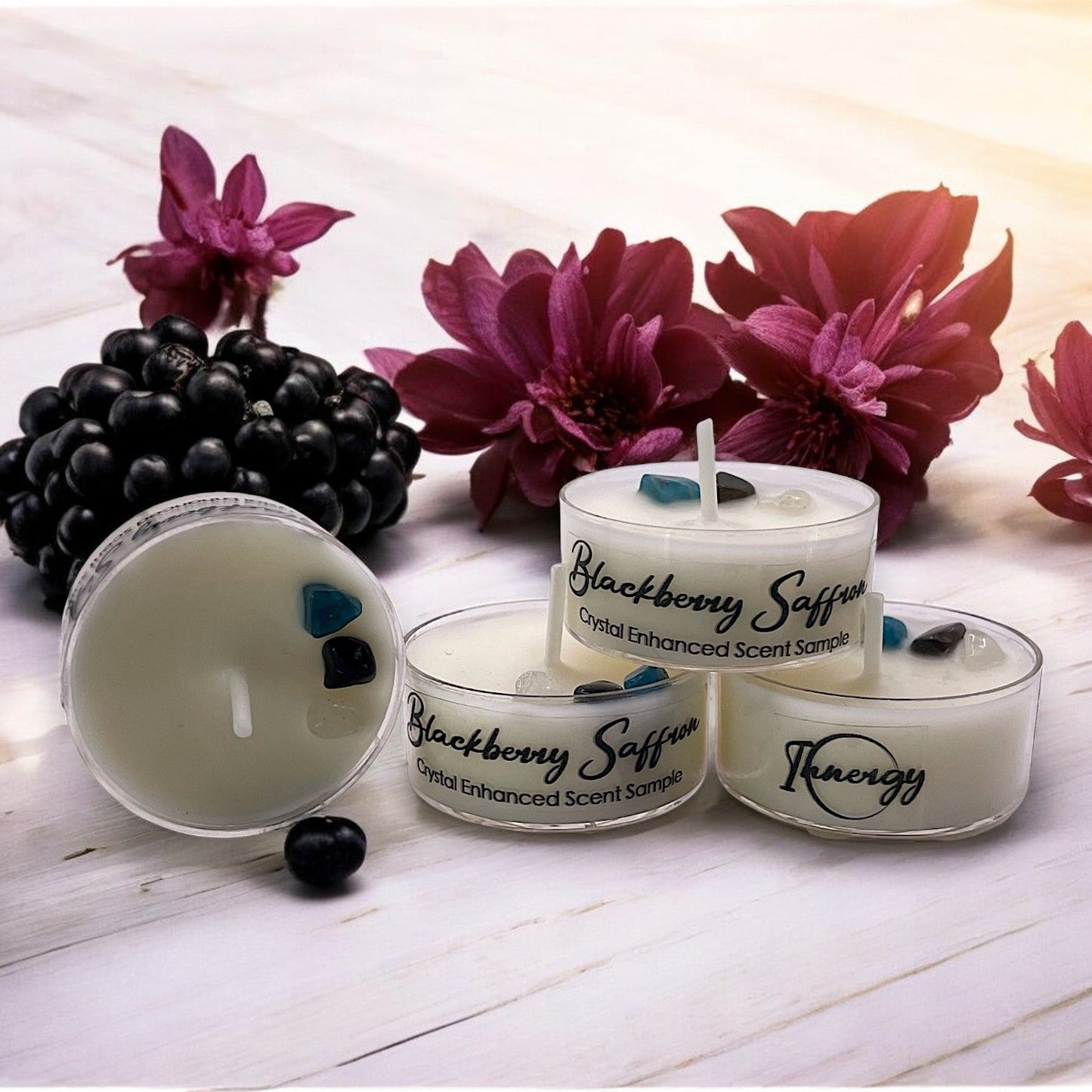 Blackberry Saffron, Premium Coconut-Soy Wax Tea Light Crystal Candle, 1oz