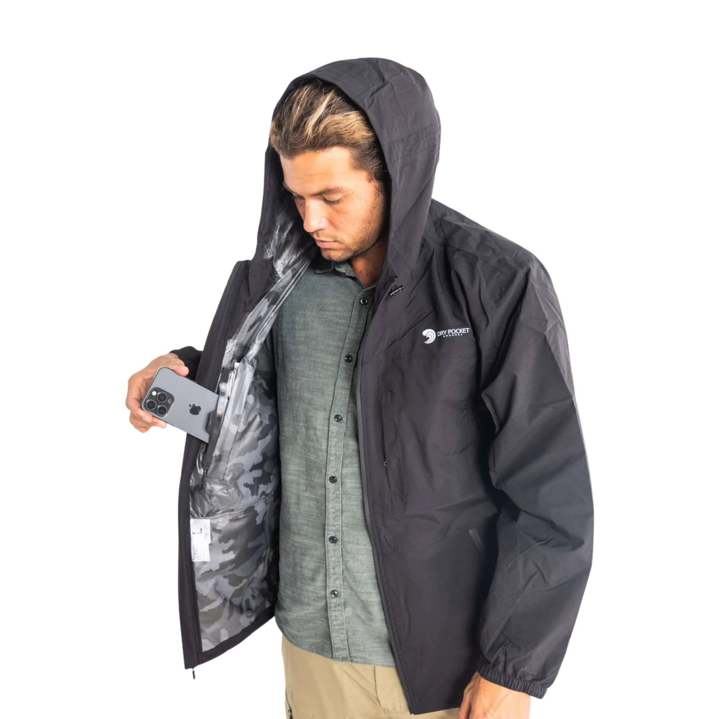 Black Fin - Waterproof Pocket Rain Jacket by Dry Pocket Apparel