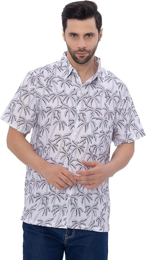 Black Tropical Allover Palm Tree Printed White Men's Linen Effect Shirt