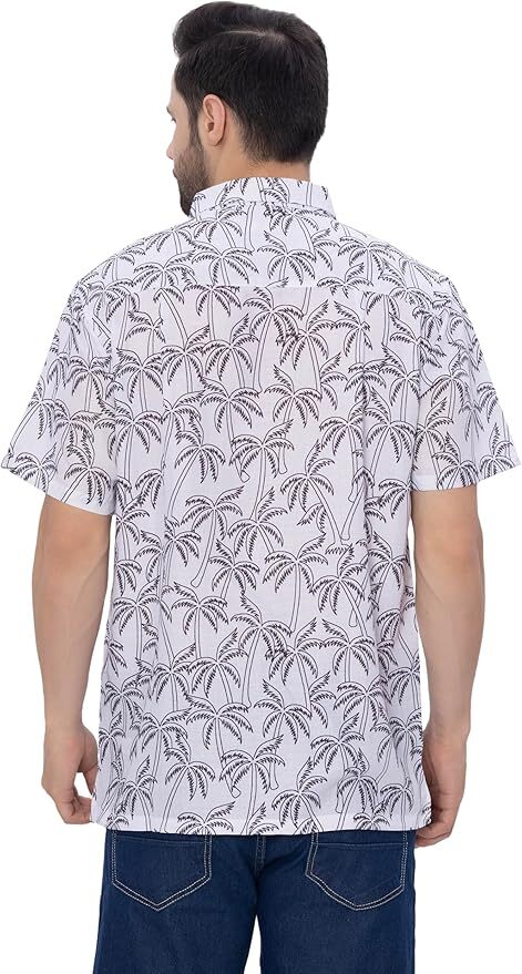 Black Tropical Allover Palm Tree Printed White Men's Linen Effect Shirt