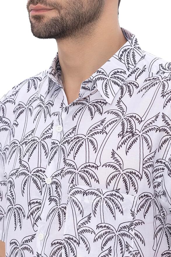 Black Tropical Allover Palm Tree Printed White Men's Linen Effect Shirt