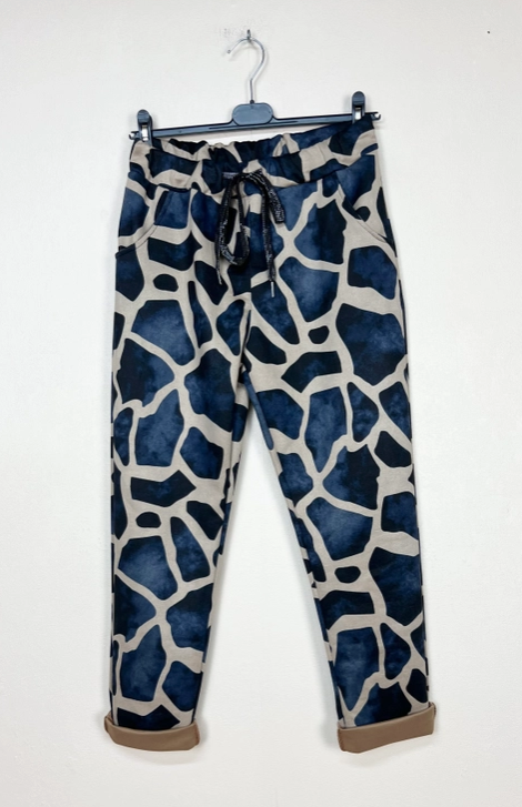 Blue Giraffe Patterned Velvet Effect Pants Made in Italy One Size Fits Most