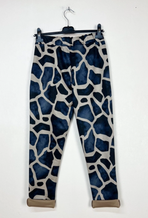 Blue Giraffe Patterned Velvet Effect Pants Made in Italy One Size Fits Most