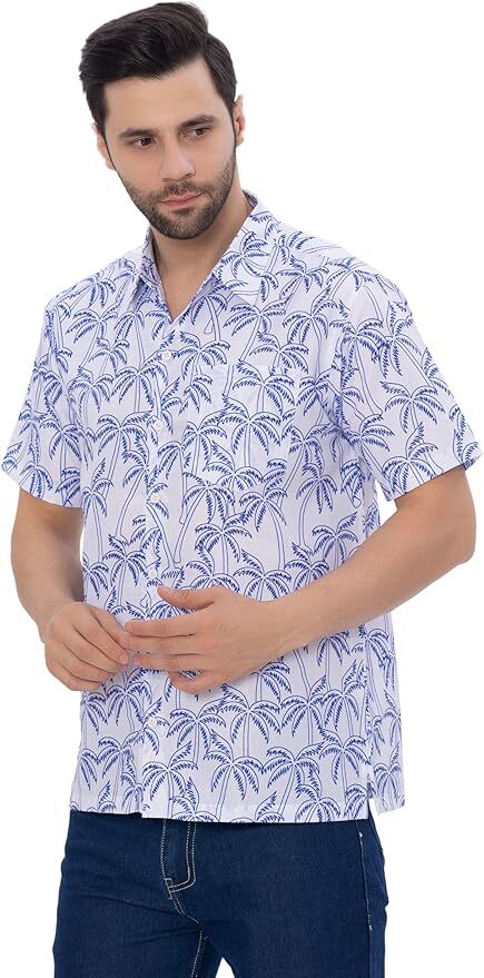 Blue Tropical Allover Palm Tree Printed White Men's Linen Effect Shirt