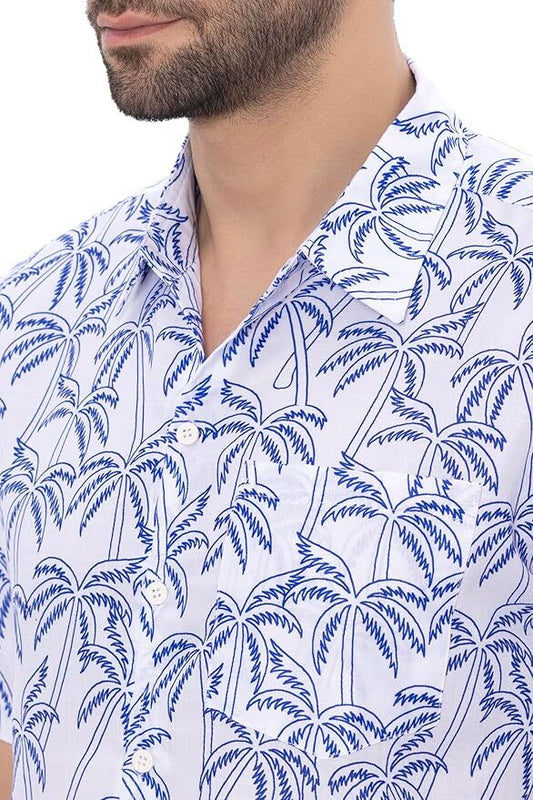 Blue Tropical Allover Palm Tree Printed White Men's Linen Effect Shirt