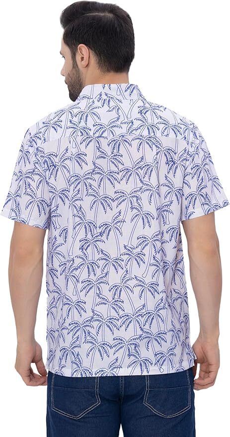 Blue Tropical Allover Palm Tree Printed White Men's Linen Effect Shirt