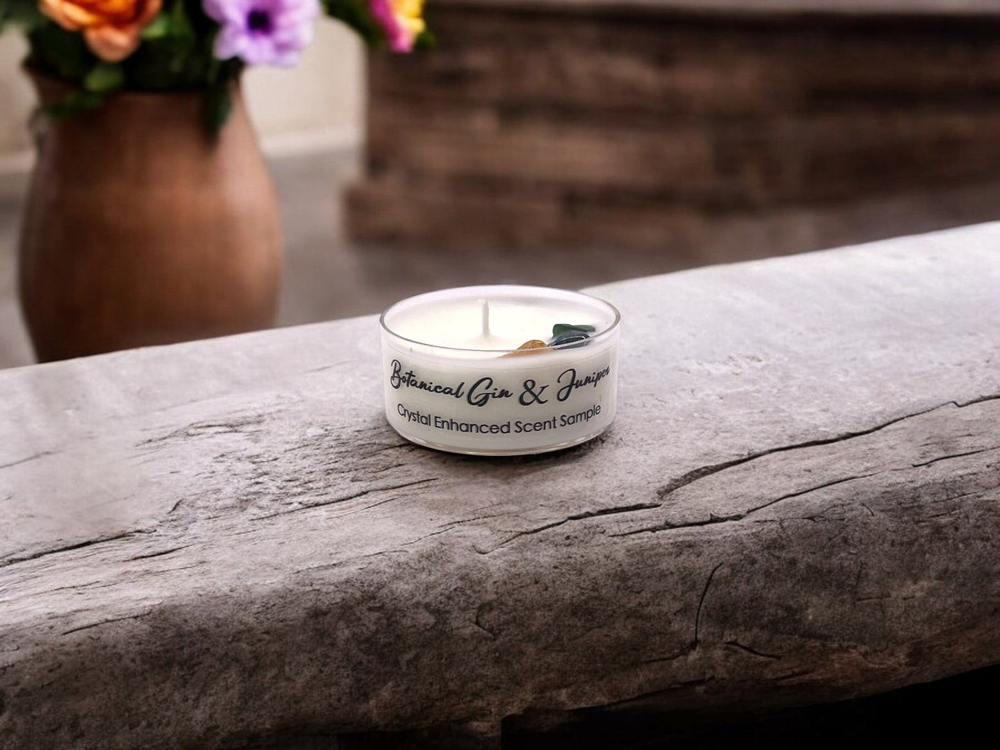 Botanical Gin & Juniper, Premium Coconut-Soy Wax Tea Light Crystal Candle, 1oz