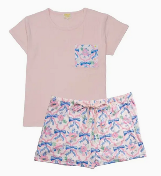 Bow and Pink Floral Ribbon Pajama Set PJ-TSHRTSET-RBBN SIMPLY SOUTHERN TEES