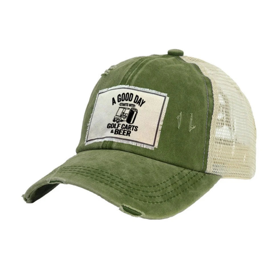 A Good Day Starts With Golf Carts & Beer Vintage Distressed Trucker Adult Hat Brief Insanity