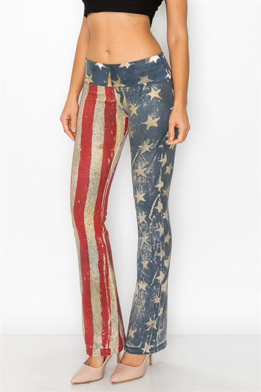 American Flag Batik Dye Stars And Stripes Fold Over Waistband Yoga Pant - T*Party